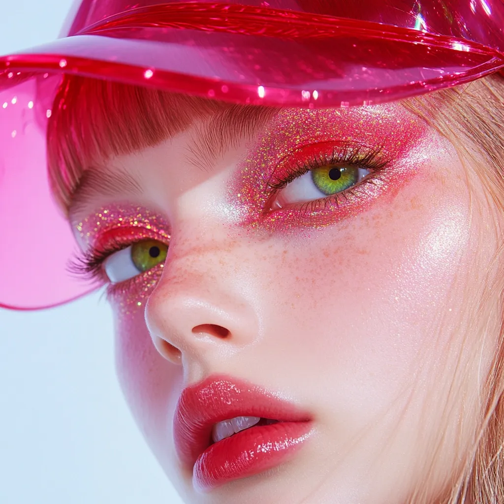 Close-up of a woman's face, adorned with vibrant pink glitter eyeshadow and a glossy red lip.  Her freckles are visible through the makeup. She wears a bright pink visor, partially obscuring her blonde hair. The overall aesthetic is bold, playful, and glamorous, showcasing a striking makeup look.