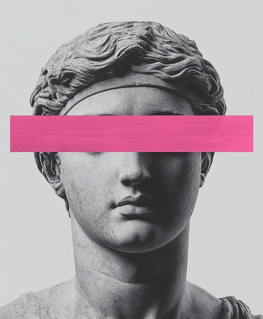 A black and white image of a classical bust, possibly a statue of a young man, with a vibrant pink horizontal bar obscuring the eyes.  The contrast between the monochromatic sculpture and the bold pink creates a striking visual effect, suggesting a modern, artistic intervention on a classical subject. The image's composition is minimalist and impactful.