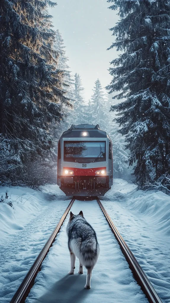 A lone wolf walks away from a train approaching on snowy tracks through a snow-covered forest.  The train is modern and sleek, contrasting with the wildness of the wolf and the serene winter landscape.  Tall evergreen trees line the railway, their branches laden with snow. The scene evokes a sense of mystery and quiet solitude.