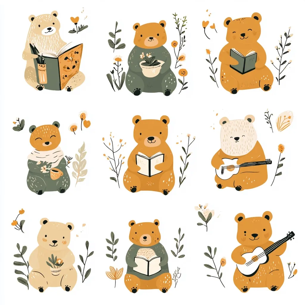 Nine adorable cartoon bears are depicted in various activities amidst simple floral designs.  Some bears read books, one holds a potted plant, another enjoys a warm drink, and two play acoustic guitars.  The bears are rendered in warm, earthy tones, creating a charming and peaceful illustration.