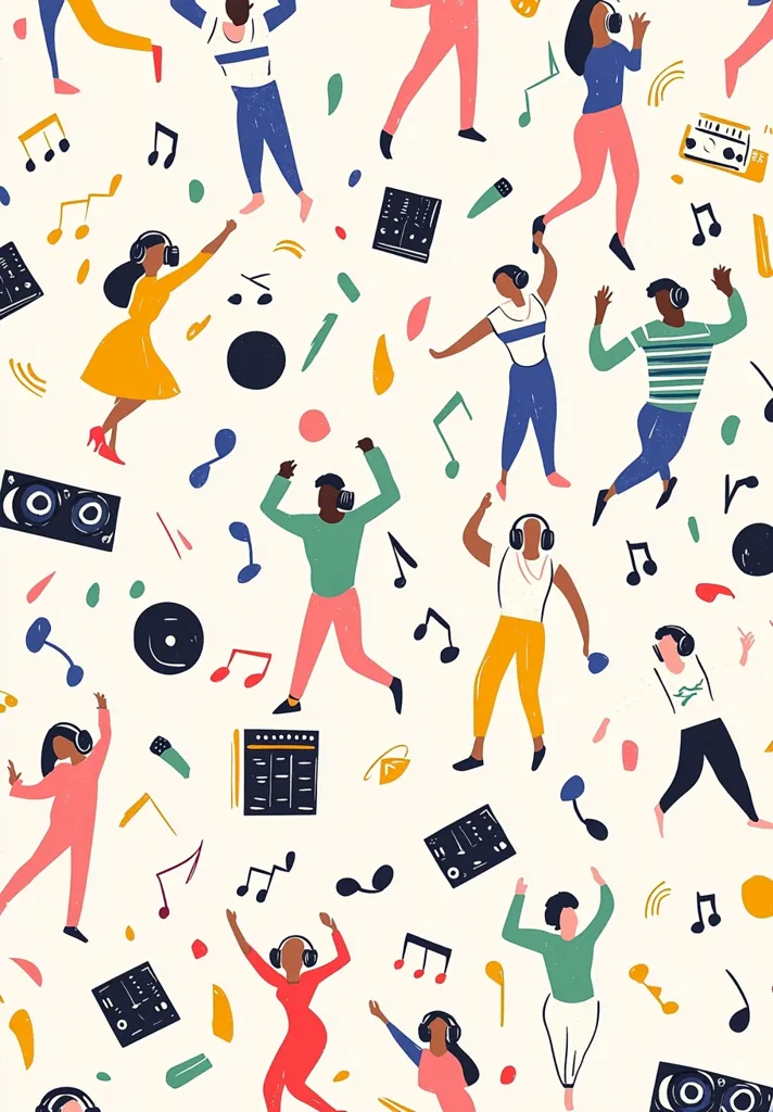 A vibrant, seamless pattern depicts diverse people joyfully dancing to music.  They wear headphones, suggesting personal enjoyment.  Scattered musical notes, turntables, and other audio equipment add to the lively atmosphere.  The style is playful and cartoonish, with bold colors and simple shapes creating a dynamic, energetic feel. The overall impression is one of fun and celebration.