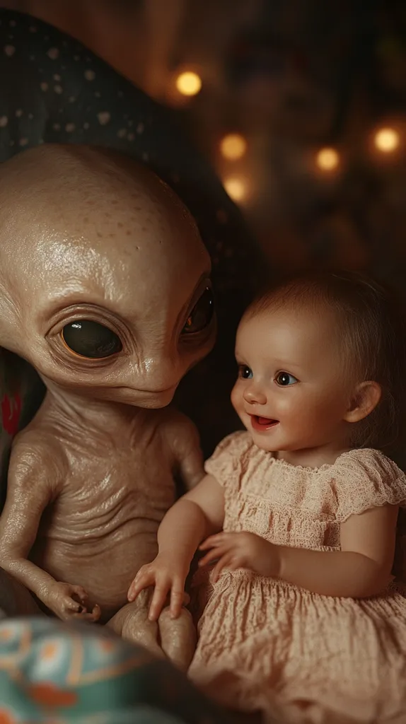 A heartwarming image shows a baby girl and an alien-like creature sitting close together. The baby, dressed in a peach-colored dress, smiles gently at the creature. The creature, with grey skin and large eyes, appears friendly and calm. Soft, warm lighting and a cozy background create a gentle, almost magical atmosphere.  The scene evokes a sense of unexpected friendship and wonder.