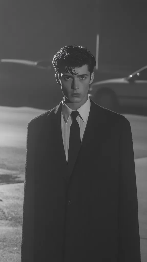 A young man with dark hair styled in a pompadour stands in a dimly lit street.  He wears a dark suit, crisp white shirt, and a dark tie. His expression is serious, almost brooding. The background is blurred, showing indistinct cars and a nighttime setting. The overall monochrome aesthetic creates a moody and stylish atmosphere.