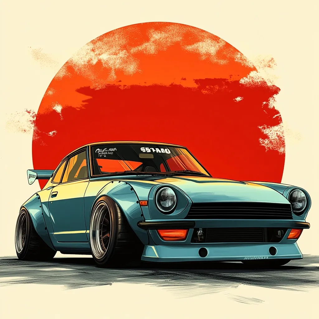 A stylized illustration showcases a teal Datsun 240Z, prominently featuring wide body modifications and aftermarket wheels. The car is positioned against a large, stylized orange sun, evoking a Japanese aesthetic.  The overall style is a blend of realism and graphic design, with a focus on the car's sleek lines and modified features.  The image has a vintage feel and a clean, minimalist background.