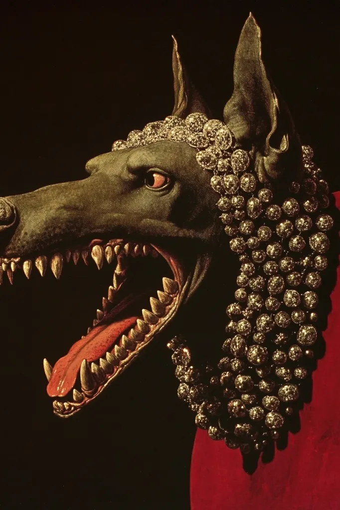 A close-up reveals a snarling, dark-colored canine creature, its fierce expression accentuated by bared teeth and a protruding tongue.  Adorning its head and neck is an elaborate, golden jeweled collar, resembling a lavish necklace or ornate headdress. The background is a deep, rich red, contrasting sharply with the dark fur and gleaming gold. The image evokes a sense of power and perhaps even a mythical or fantastical quality.