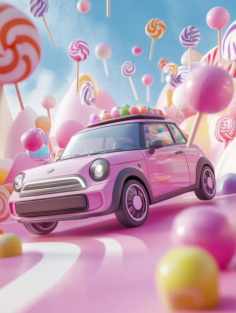A pink miniature car, laden with colorful gumballs on its roof, drives through a whimsical landscape.  Surrounding the car are giant lollipops of various colors and swirling candy shapes, creating a sweet and surreal scene.  The pastel colors and playful design evoke a feeling of childlike wonder and fantasy.  The overall impression is one of sugary delight.