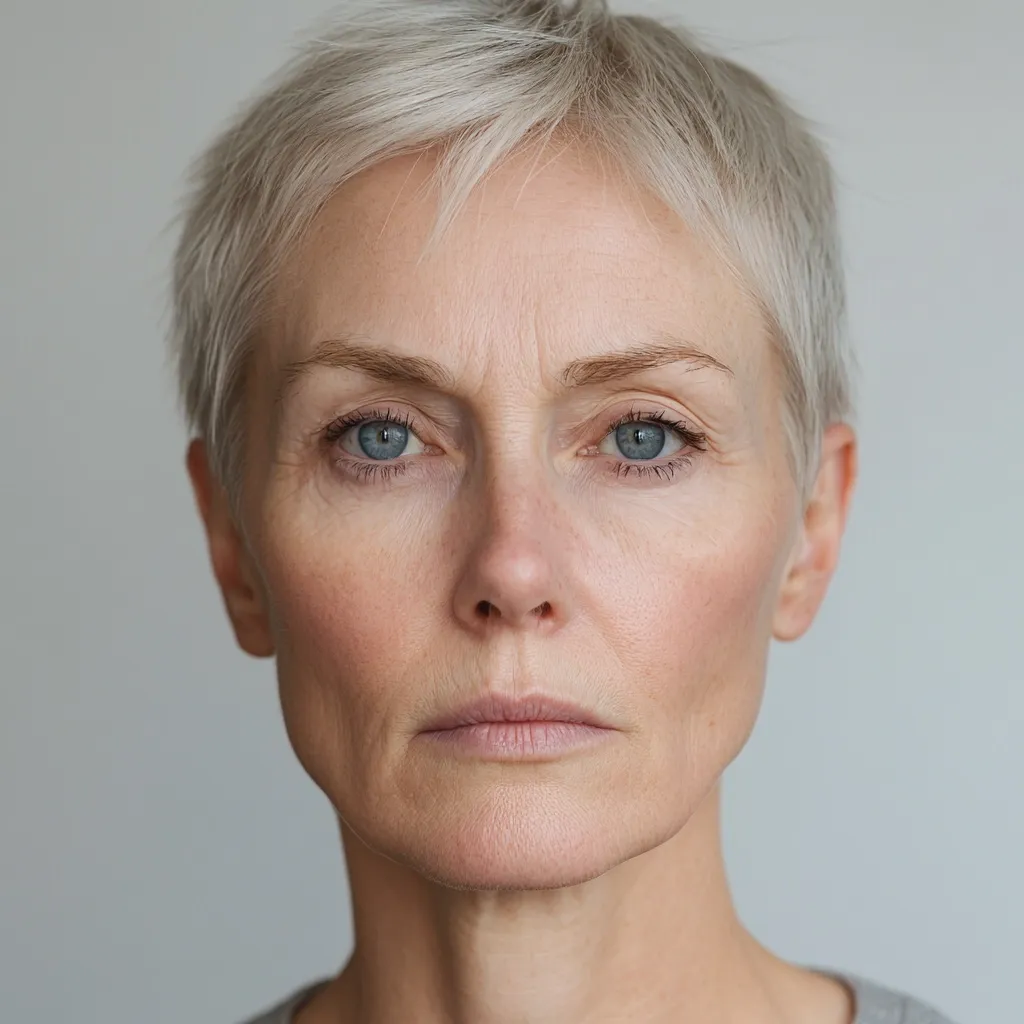 Close-up portrait of a mature woman with short, light gray hair.  Her face shows visible lines and wrinkles, characteristic of aging, yet her expression is serious and composed. She has light-colored eyes and a neutral facial expression. The background is a plain, light gray.