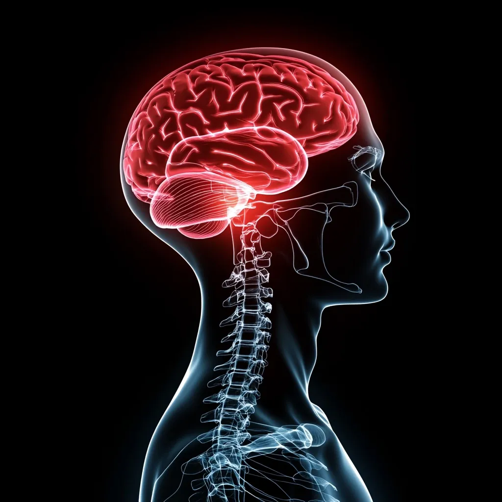 A 3D rendering showcases a human head and upper torso in profile view.  The skeletal structure is translucent, with the brain highlighted in glowing red, emphasizing its anatomical detail.  The spinal column extends down the torso, connecting the brain to the body. The image is set against a stark black background, creating a dramatic effect.  The red brain suggests a focus on neurological aspects or potential health issues.