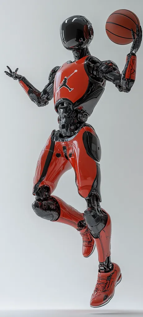 A futuristic robot, predominantly red and black, is captured mid-air, seemingly in the act of shooting a basketball.  The robot's design is sleek and detailed, showcasing intricate mechanical joints and a glossy finish.  The basketball is orange, contrasting sharply with the robot's color scheme. The robot wears athletic-style footwear, enhancing its dynamic pose. The background is a clean, minimalist white.