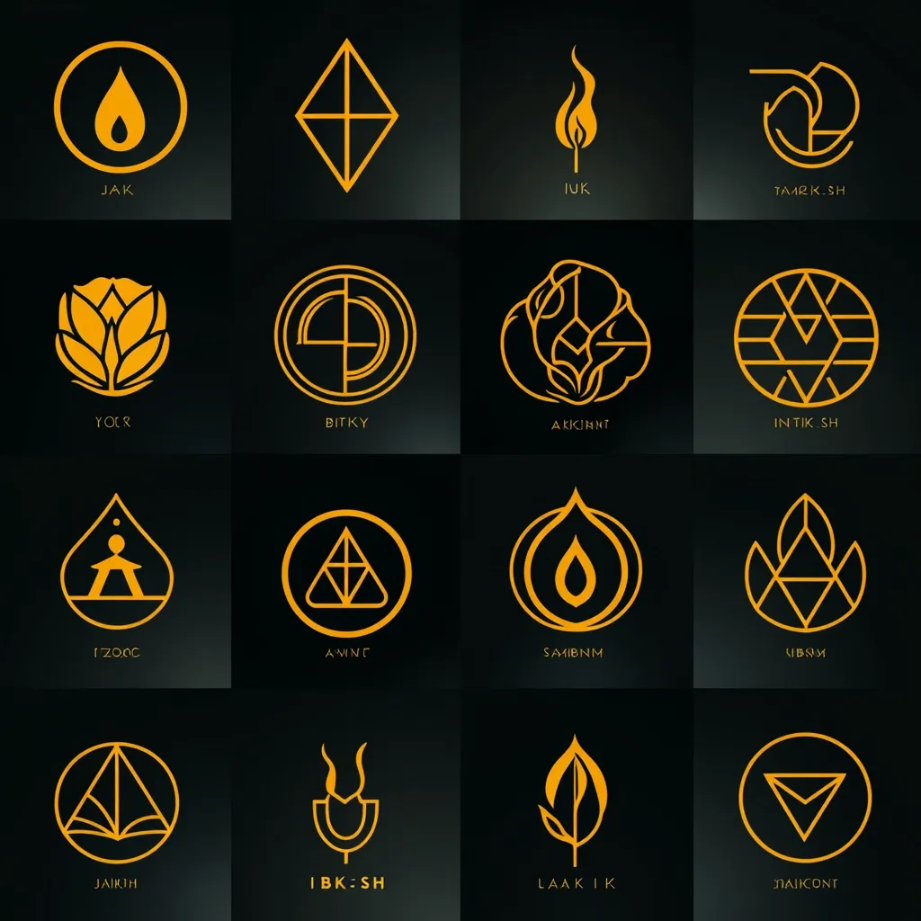 This image showcases sixteen minimalist logos, each a unique golden-yellow design on a dark background.  The logos feature geometric shapes, natural elements like flames and leaves, and abstract symbols.  Each logo is accompanied by an alphanumeric label, suggesting potential brand names or identifiers. The overall style is clean, modern, and sophisticated.