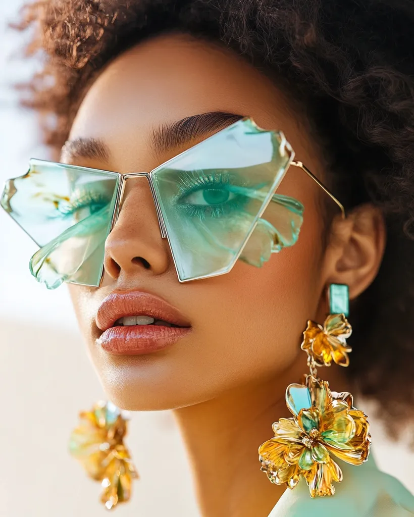 Close-up of a young woman with dark, curly hair. She's wearing large, light-green, angular sunglasses with a gold frame.  Her makeup is subtly highlighted, and she sports statement earrings featuring large, multi-colored, flower-shaped embellishments in gold and green tones. The overall aesthetic is stylish and modern.