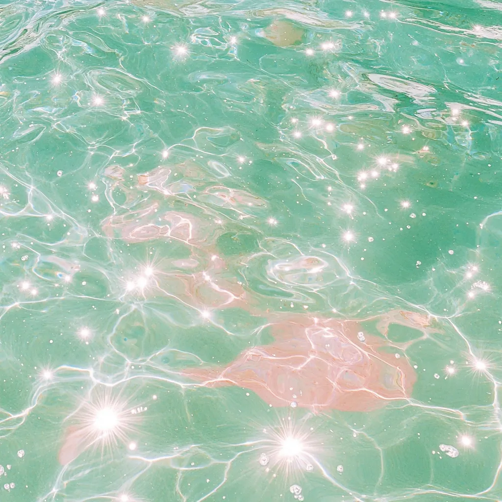 The image shows a close-up view of sparkling, translucent water.  The water is a light teal green, with subtle ripples and reflections creating a shimmering effect.  Numerous points of light, resembling sparkles, are scattered across the surface, suggesting sunlight refracting through the water.  The overall impression is one of serenity and calm, reminiscent of a tranquil body of water.