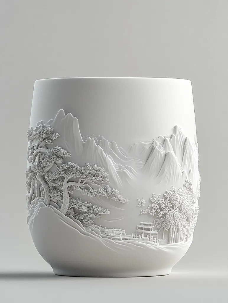A pristine white ceramic vase features an intricately carved landscape.  The relief carving depicts a serene mountain scene with majestic pines, a small pavilion, and a tranquil forest.  The minimalist design and smooth surface of the vase contrast beautifully with the detailed, textured artwork. The overall impression is one of elegance and tranquility.