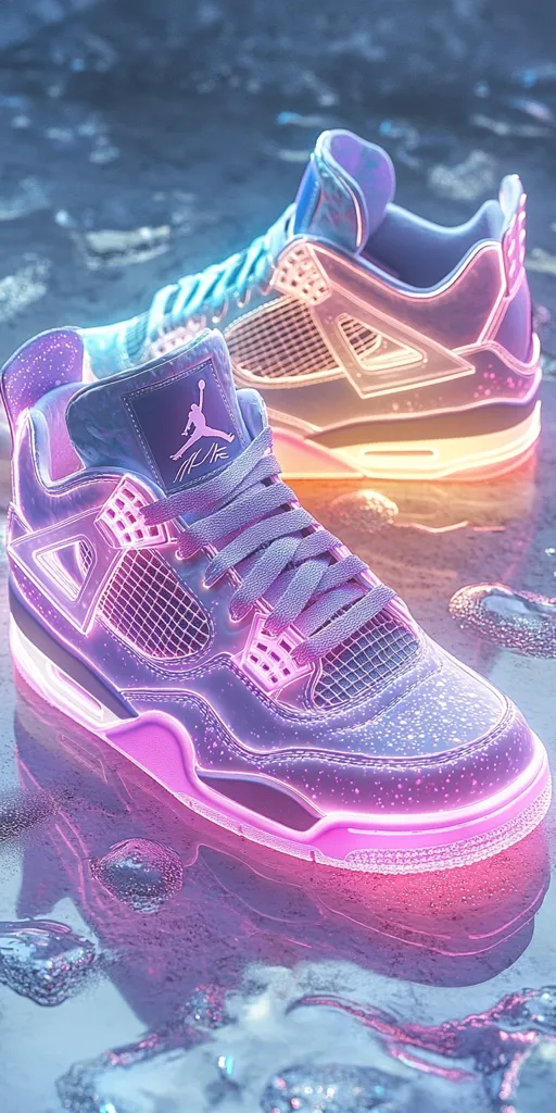 A pair of Air Jordan 4 sneakers, rendered in a futuristic, glowing style.  The shoes are predominantly purple and pink, with translucent elements highlighting the shoe's design.  They appear to be sitting in a puddle of water, reflecting their vibrant colors and creating a dreamy, ethereal effect.  The iconic Jumpman logo is visible on the tongue.