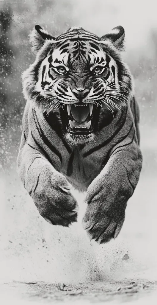 A monochrome image captures a tiger in mid-leap, its powerful paws extended.  The tiger's mouth is open in a fierce snarl, revealing sharp teeth.  Dust or sand kicks up around its paws, emphasizing its dynamic movement. The image is stark and dramatic, highlighting the tiger's raw power and predatory nature. The background is blurred, focusing attention on the majestic animal.