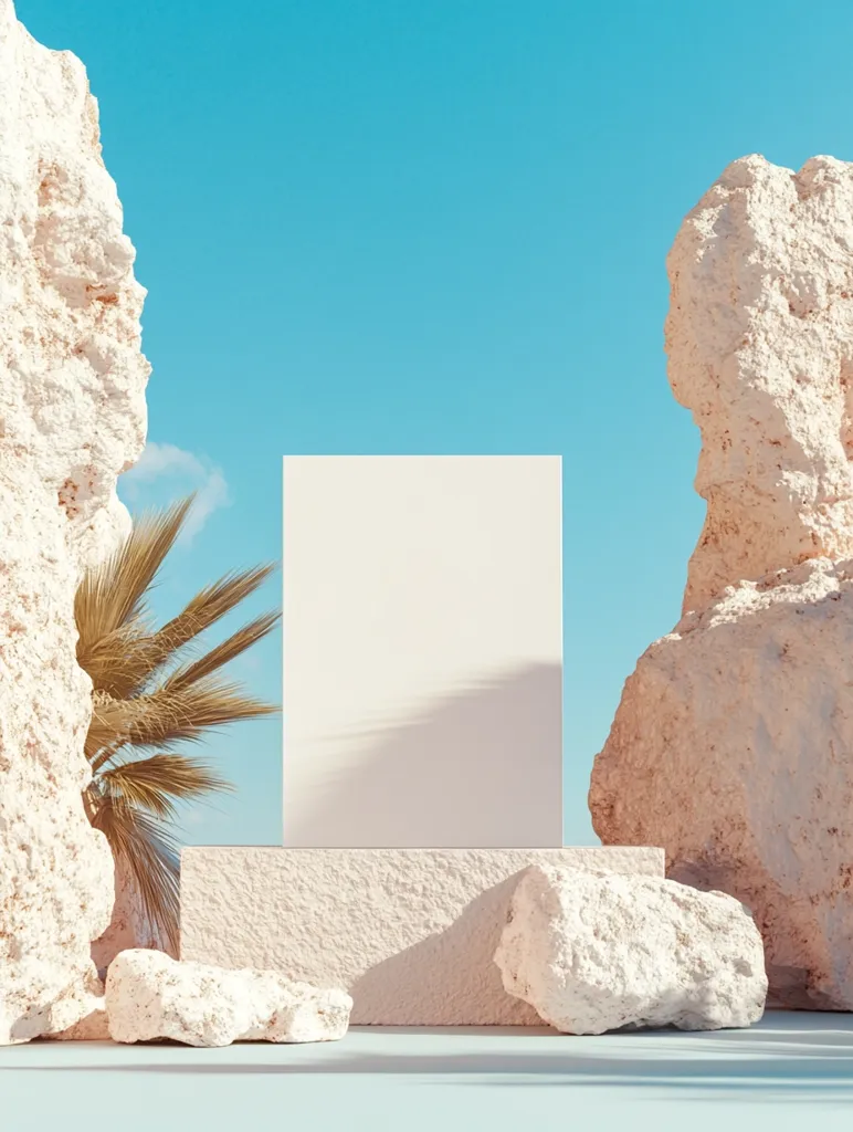 A blank, off-white rectangular sign stands on a pale pink pedestal amidst light-colored rocks.  A palm frond partially obscures the left side. The backdrop is a vibrant blue sky. The scene evokes a minimalist, desert or coastal aesthetic, ideal for product display or branding.  The overall feel is serene and tranquil.