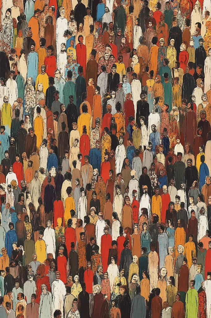 A vibrant, densely packed crowd of people is depicted in this artwork.  The figures are rendered in a stylized manner with a diverse range of clothing colors and styles. The painting's texture is thick and impasto, conveying a sense of energy and movement within the mass of individuals.  Faces are largely indistinct, emphasizing the collective nature of the scene rather than individual identities. The overall mood is one of bustling anonymity within a large gathering.