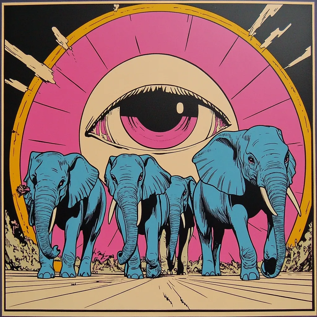 A vibrant psychedelic artwork depicts four teal elephants marching in a line, their path illuminated by a large, all-seeing eye set within a circular, pink and gold frame. The eye's gaze is directed forward, suggesting a watchful presence over the elephants' journey.  The style is bold and graphic, employing strong outlines and flat color blocks reminiscent of vintage posters. The background is a muted landscape, emphasizing the striking figures of the elephants and the central eye.