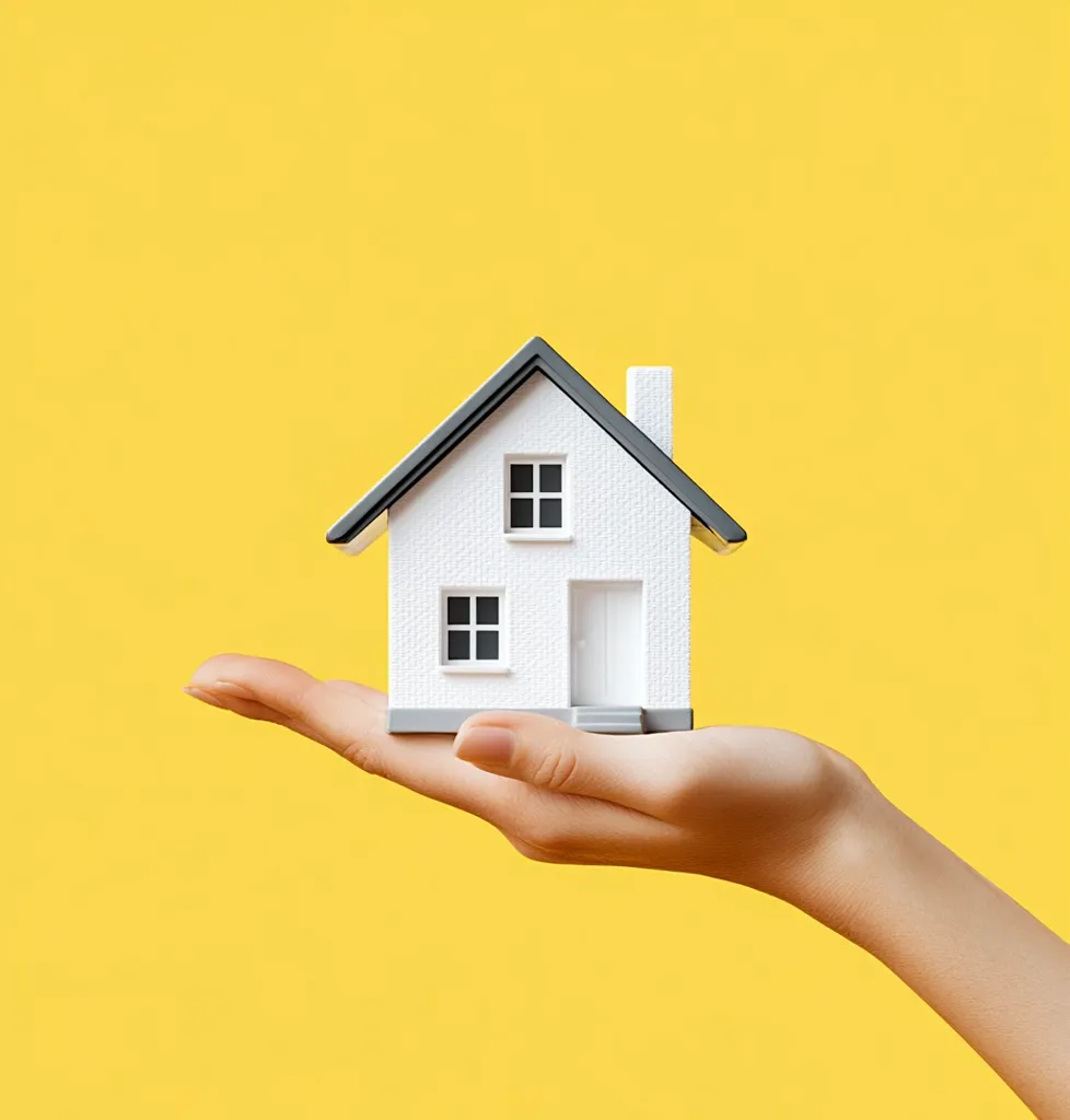 A small, white model house with a gray roof rests gently in an outstretched hand against a vibrant yellow background.  The image evokes a sense of homeownership, new beginnings, or real estate. The simple composition emphasizes the house as the focal point, symbolizing dreams of home or property acquisition.