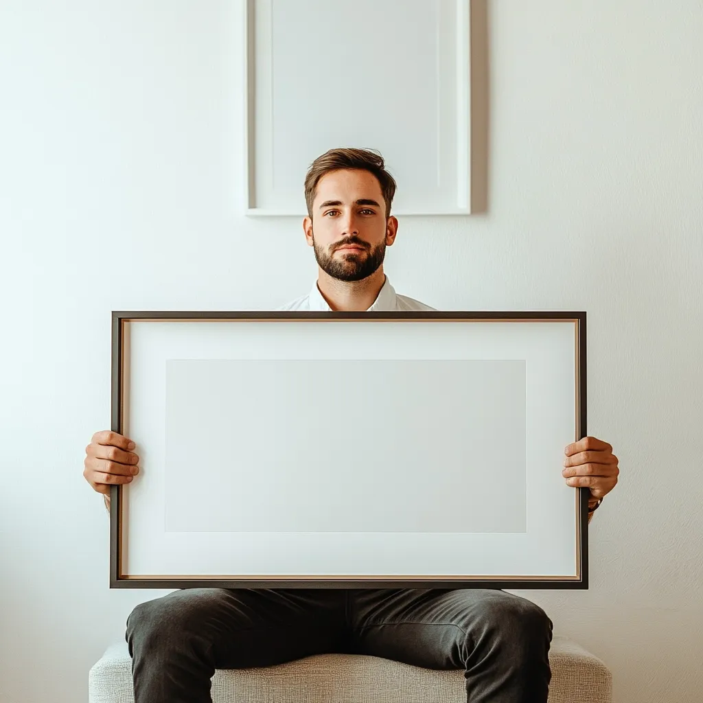 A man with a beard sits and holds a large, empty picture frame in front of him. He is wearing a white shirt and dark pants.  A smaller, empty frame is visible on the wall behind him. The overall setting is minimalist and clean. The image is likely intended to showcase the frame or be used as a mock-up.