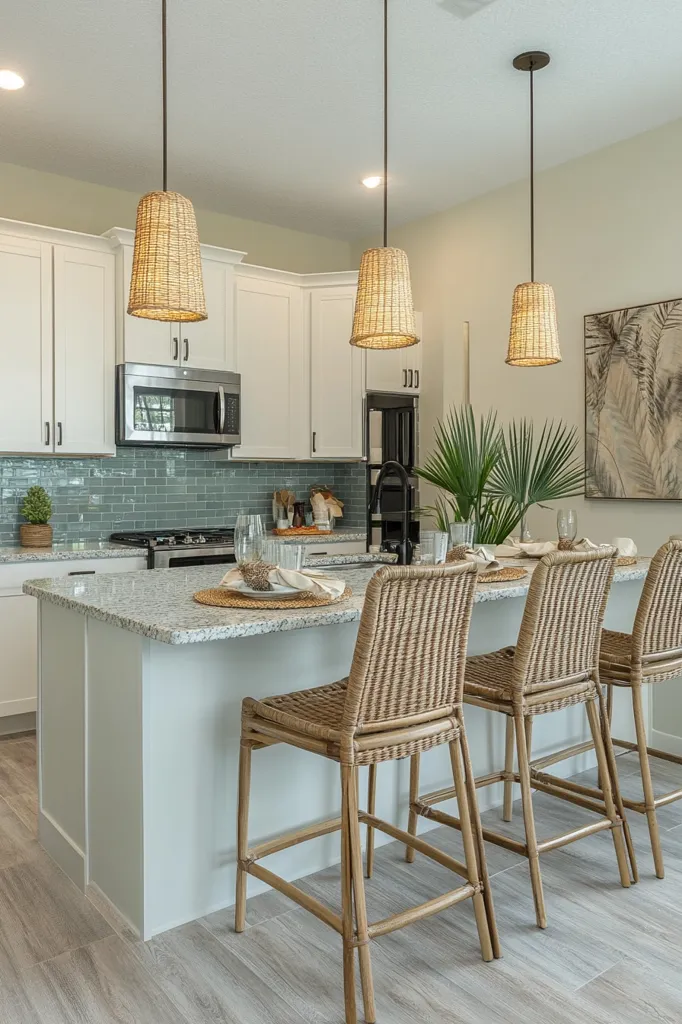 A bright kitchen features white shaker cabinets, light blue subway tile backsplash, and granite countertops.  Three woven wicker bar stools sit at a large kitchen island.  Three pendant lights with woven shades hang above the island.  A piece of artwork hangs on the wall.  The overall style is light, airy, and coastal.