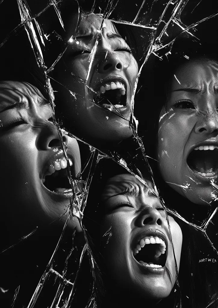 A black and white image depicts four women's faces, fragmented and overlapping behind shattered glass.  Their mouths are open in screams of anguish and terror, creating a powerful visual representation of emotional distress and possibly trauma. The sharp contrast and broken glass emphasize the feeling of vulnerability and pain.  The overall effect is striking and unsettling.