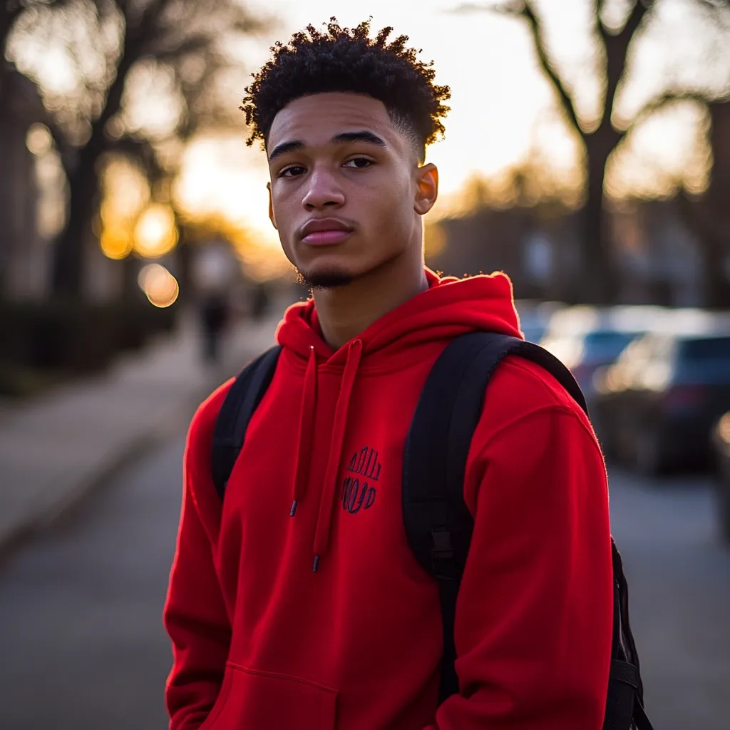 A young man with short, curly dark hair stands outdoors, wearing a red hoodie with a small, dark logo embroidered on the chest.  He wears a black backpack and looks directly at the camera with a serious expression. The background is blurred, showing a residential street at sunset.  The overall image is stylish and portrays a confident young adult.