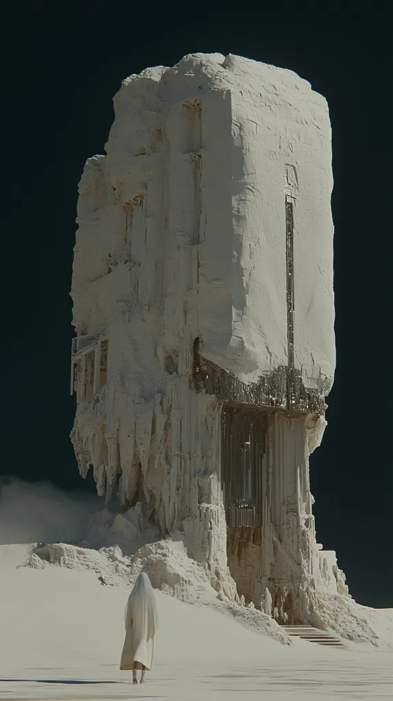 A lone figure in a long white robe stands before a towering, eroded structure in a desolate, white landscape. The building, resembling a crumbling castle or temple, features intricate, almost crystalline, details.  Its off-white surface contrasts sharply against the dark background, suggesting a surreal or otherworldly setting.  The scene evokes a sense of mystery and solitude.