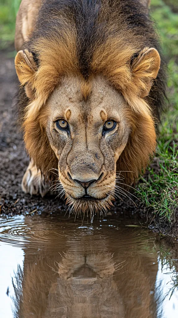 A majestic male lion with a thick, tawny mane bends down to drink from a muddy puddle.  Its intense gaze is directed towards the viewer, its reflection shimmering in the water.  The lion's powerful build and serious expression create a striking image of wildlife in its natural habitat.  The background is blurred, focusing attention on the lion's captivating presence.