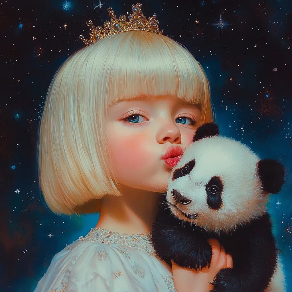 A young girl with platinum blonde bobbed hair and a golden crown kisses a panda cub.  The girl's rosy cheeks and puckered lips contrast with the panda's soft fur.  The backdrop is a dark, starry night sky, adding a mystical quality to the scene. The image is rendered in a painterly style, emphasizing soft textures and a dreamy atmosphere.