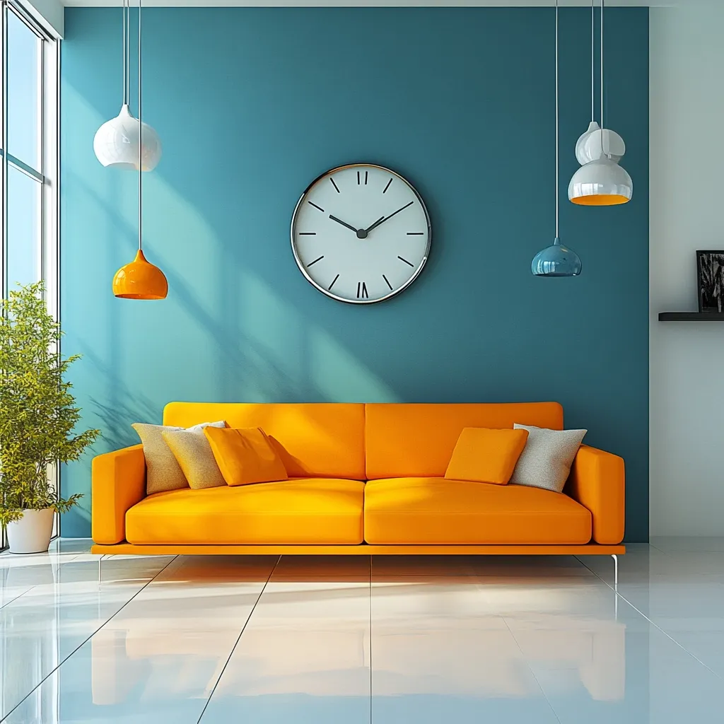 A bright and modern living room features a vibrant orange sofa against a teal wall.  Three pendant lights hang above, adding to the contemporary feel. A large clock is centered on the wall, and a small potted plant sits by a window. The floor is sleek and white, reflecting the light.  The overall aesthetic is clean, cheerful, and stylish.
