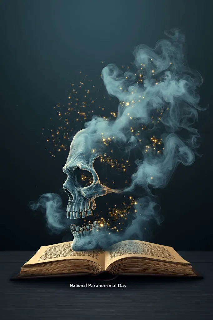 A skull emerges from an open antique book, enveloped in ethereal, smoky wisps and golden sparks. The scene is dark and moody, suggestive of the paranormal.  The image is captioned "National Paranormal Day," creating a visually striking and thematic representation of the occasion. The overall effect is mysterious and captivating.