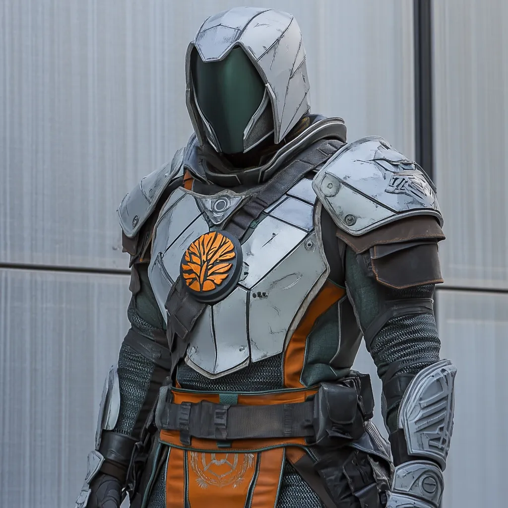 A person in elaborate cosplay stands before a grey wall.  The costume, meticulously detailed, depicts futuristic armor; predominantly grey and white with orange accents. A large, circular emblem featuring a stylized tree is prominent on the chest plate. The helmet is fully enclosed, with a dark visor obscuring the wearer's face. The armor shows signs of wear, adding to its realism. The overall aesthetic suggests a character from a science fiction video game or film.