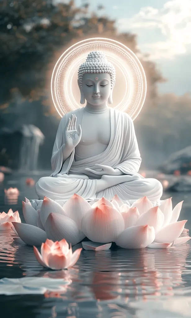 A serene depiction of a white Buddha statue seated in a lotus position atop a large, blooming lotus flower floating on tranquil water.  The Buddha's right hand is raised in a gesture of reassurance, and a soft, luminous halo surrounds the statue's head.  The scene is peaceful and evokes a sense of calm and spiritual enlightenment.  The background is softly blurred, drawing focus to the central figure.