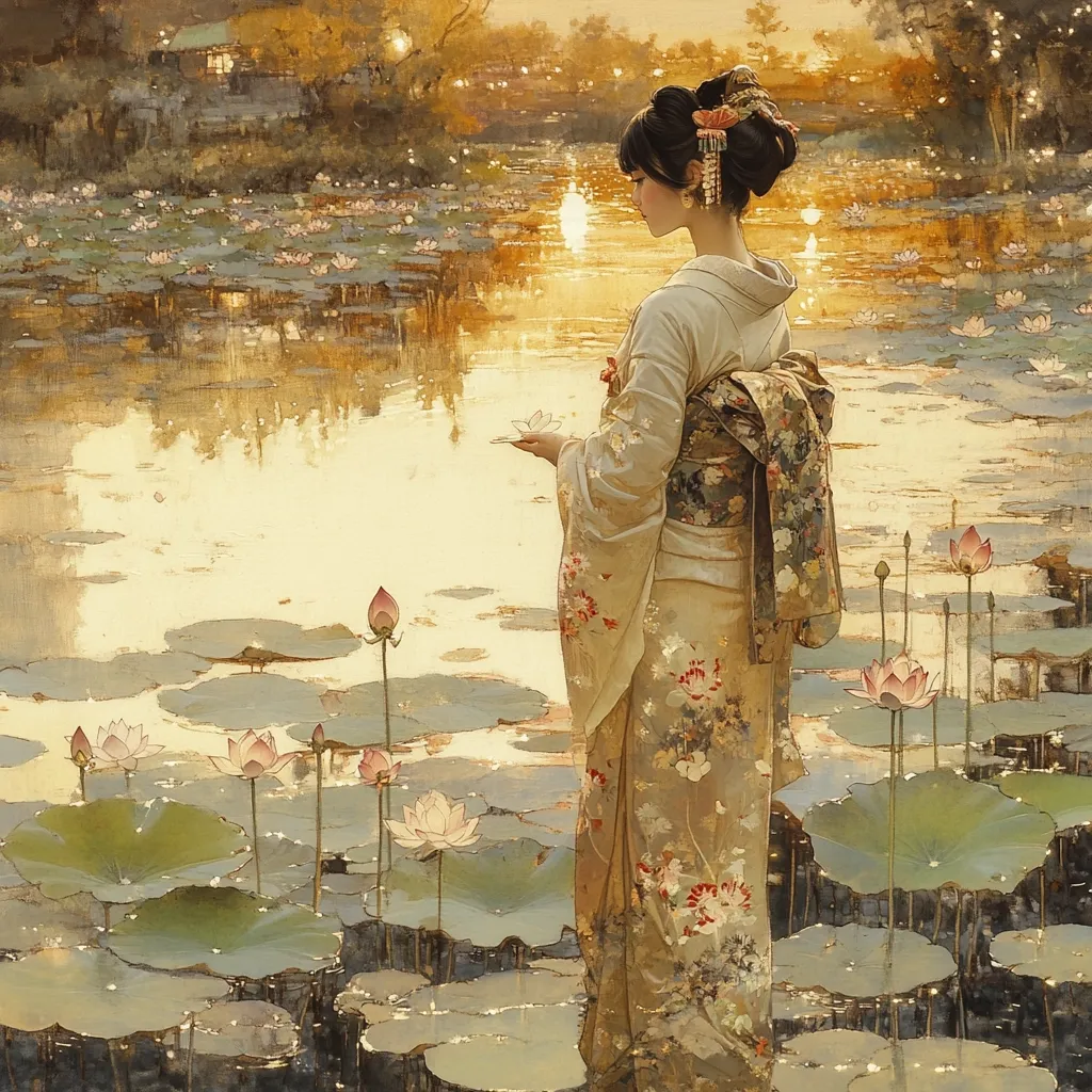 A woman in a beautifully patterned kimono stands amidst a serene pond filled with lotus blossoms. The soft, golden light of sunset bathes the scene, reflecting on the calm water.  She holds a delicate lotus flower, creating a peaceful and harmonious atmosphere. The artwork evokes a sense of tranquility and connection with nature.  The style is reminiscent of classical Japanese art with a modern sensibility.