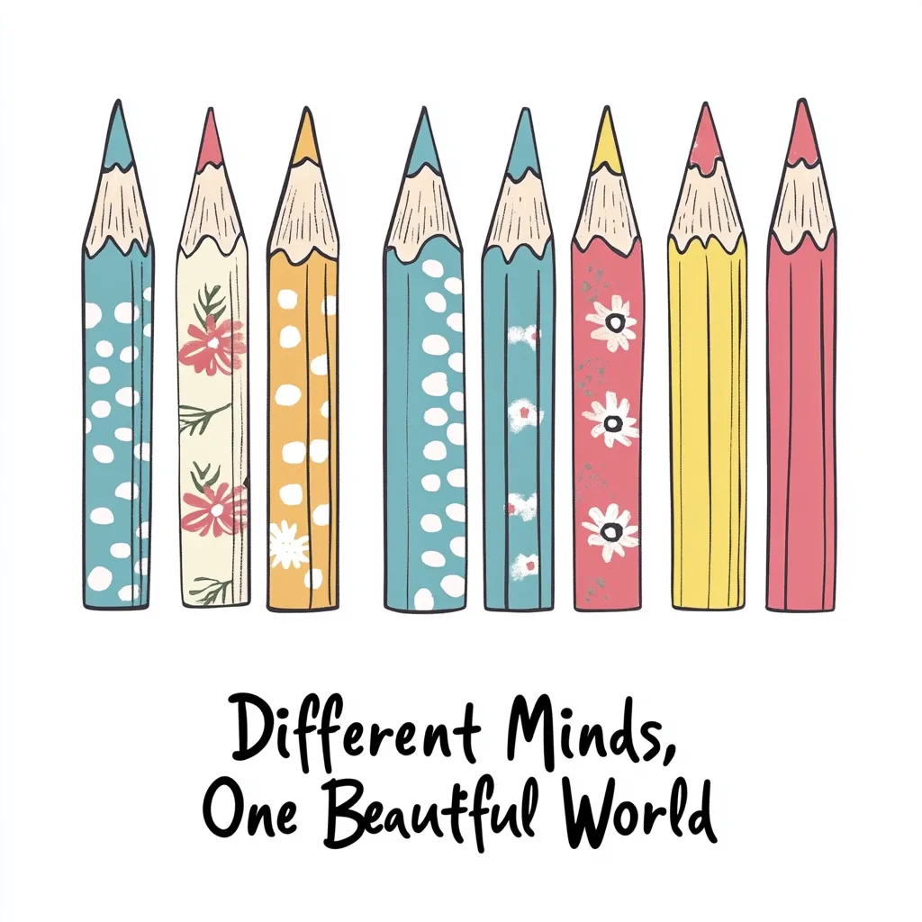 Eight uniquely patterned colored pencils stand in a row.  Each pencil features a different design, from polka dots to florals, representing diversity. Below, the text "Different Minds, One Beautiful World" emphasizes the beauty found in individual differences.  The image is simple, bright, and conveys a message of unity in diversity.