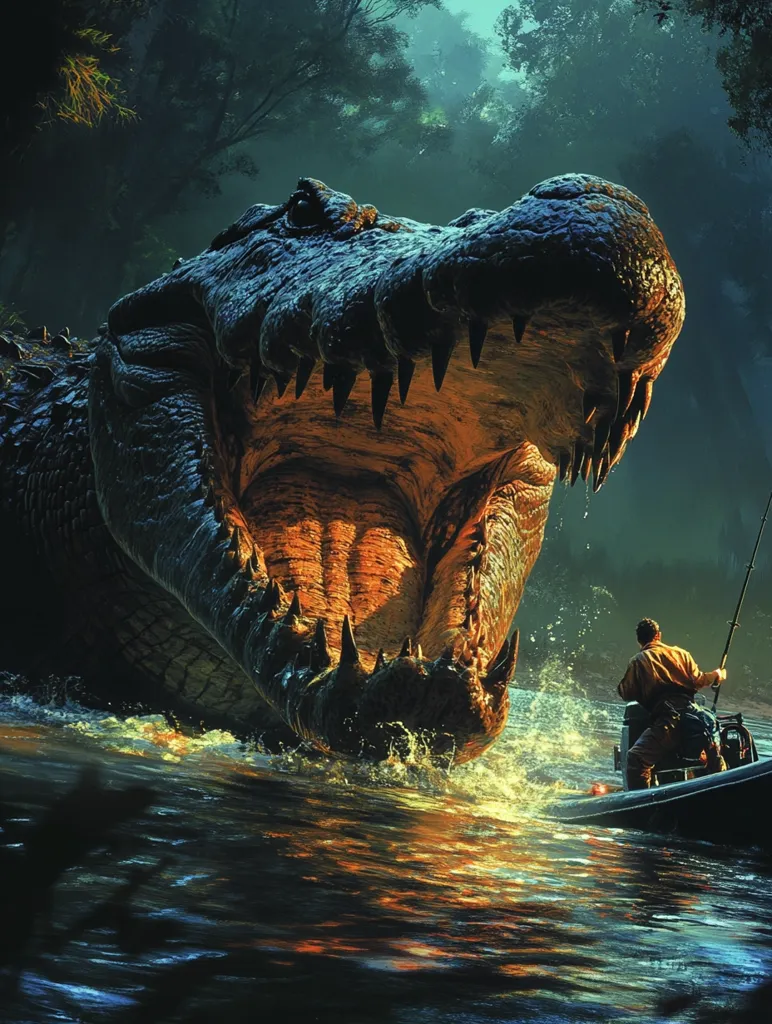 A colossal crocodile, its massive jaws agape, dominates a dark, murky river.  A lone fisherman in a small boat, seemingly unaware of the imminent danger, casts his line nearby. The scene is shrouded in a mysterious, jungle-like atmosphere, the dense foliage creating a dramatic backdrop to the looming reptile. The contrast between the tiny human and the enormous predator highlights the scale and power of the creature.
