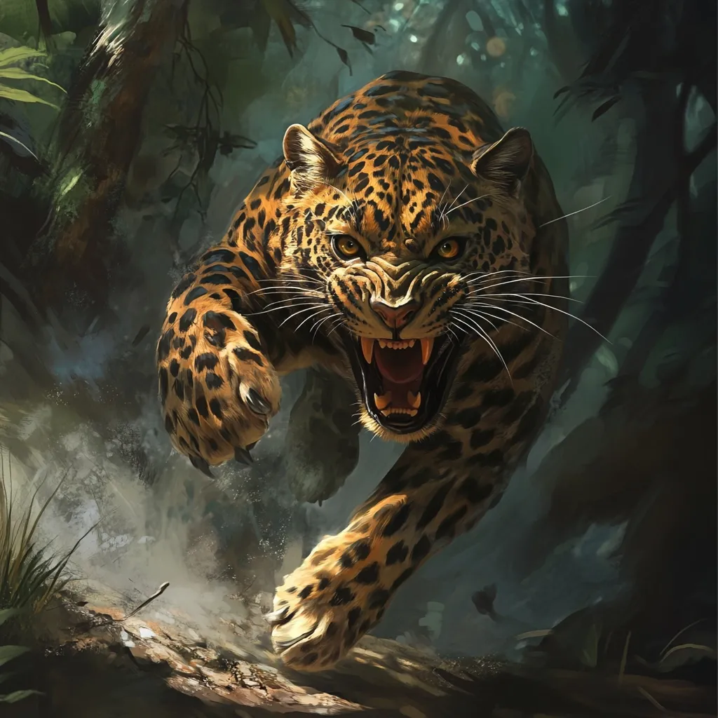 A majestic jaguar, its coat a vibrant tapestry of gold and black rosettes, charges through a dimly lit jungle.  Its muscular body is taut, claws extended, mouth open in a fierce snarl revealing sharp teeth.  The surrounding foliage is dark and lush, enhancing the predator's powerful presence. Dust and debris swirl around its paws as it moves with breathtaking speed and intensity.