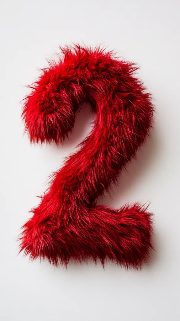 A vibrant red, fluffy number two is displayed against a stark white background.  The texture is plush and luxurious, resembling faux fur. The number is formed entirely from the red material, creating a visually striking and tactile image.  The contrast between the bright red and the clean white enhances the number's bold presence.