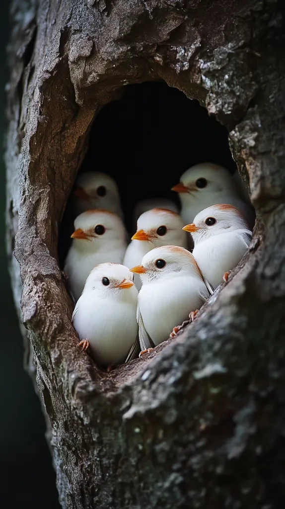 A cluster of six small, white birds huddle together inside a dark, tree-trunk cavity.  Their plumage is pristine white, accented by subtle orange-brown markings around their beaks. The birds are nestled closely, creating a charming and peaceful scene within the rough texture of the tree's hollowed-out space.  The image emphasizes the contrast between the birds' delicate appearance and the ruggedness of their natural shelter.
