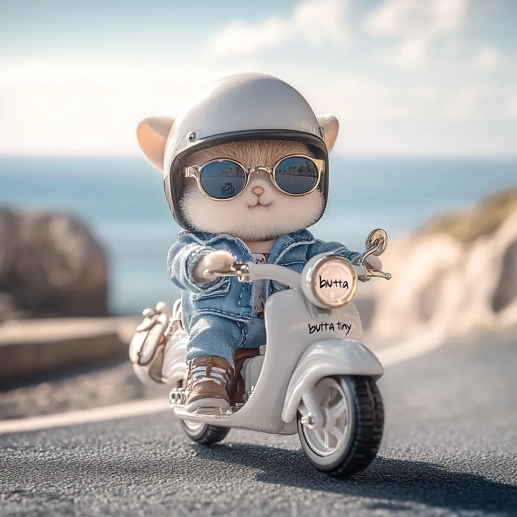 A cute, fluffy cat plush toy, wearing a white helmet and sunglasses, sits on a small white scooter.  The scooter is labeled "butta tiny." The cat appears to be enjoying a coastal ride, with a blurred ocean background.  The overall scene is charming and whimsical.