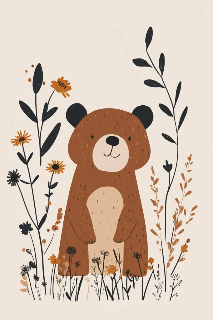 A charming illustration features a brown bear standing amidst a field of stylized wildflowers.  The bear is depicted in a simple, childlike manner, with rounded features and a friendly expression.  The flowers are in muted earth tones of orange and brown, complementing the bear's coloring. The overall style is minimalist and evokes a feeling of warmth and serenity.