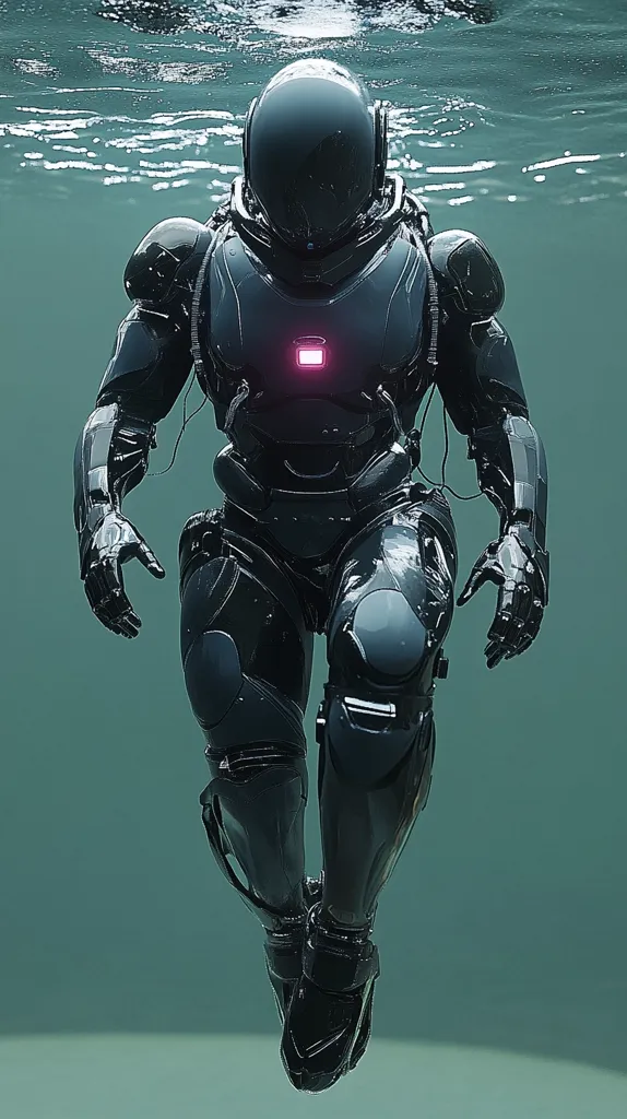 A futuristic, black armored figure, resembling a submersible astronaut, floats underwater.  The suit is sleek and highly detailed, with a glowing pink light on the chest.  The figure's hands are visible, suggesting a calm or contemplative posture. The underwater setting is muted teal, creating a contrast with the dark armor. The overall impression is one of advanced technology and serene mystery.