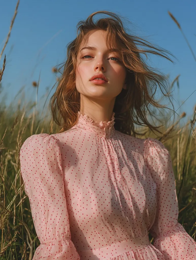 A young woman with long, flowing brown hair stands in a field of tall grass. She wears a pink, polka-dotted dress with puffed sleeves and a high neck. The sun shines brightly, illuminating her delicate features and the sheer fabric of her dress.  Her expression is serene and slightly pensive, creating a romantic and ethereal atmosphere.