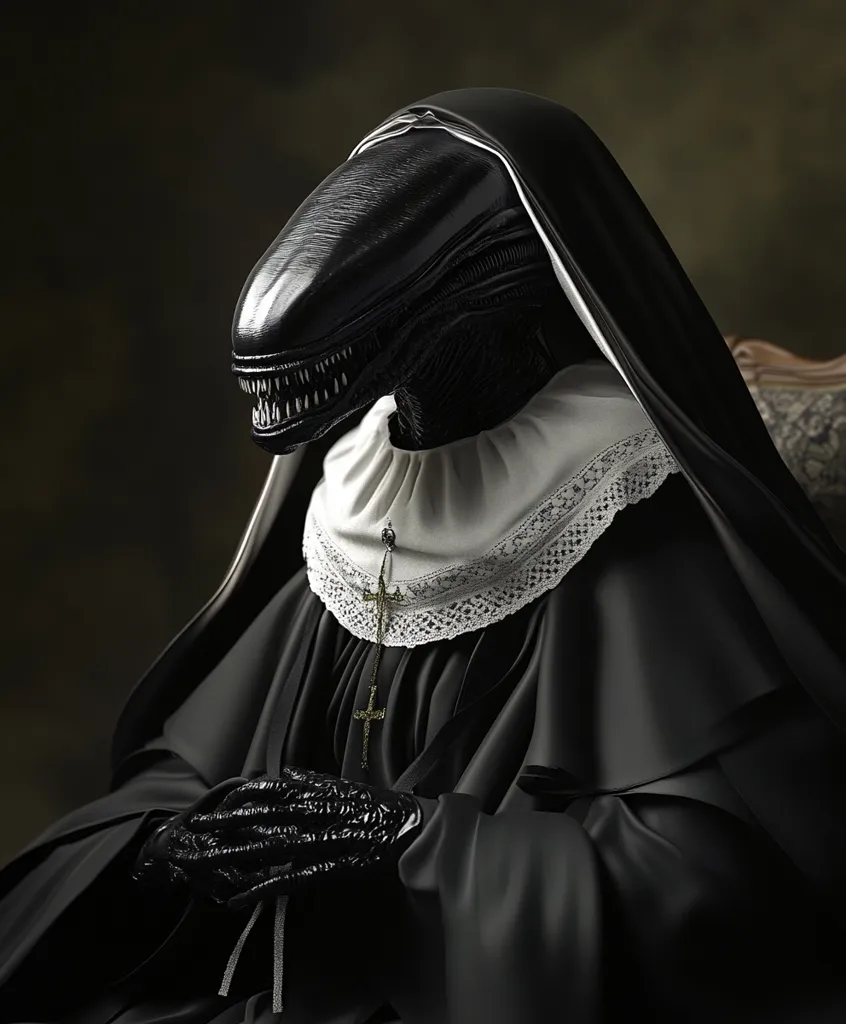 A digital artwork depicts an unsettling juxtaposition: an Alien Xenomorph head seamlessly integrated into the habit of a nun.  The dark, glossy head contrasts with the pristine white lace of the collar and the somber black of the religious garb.  The nun's hands, clawed and alien, rest demurely in her lap, a crucifix hanging prominently. The overall mood is one of dark humor and surreal horror.
