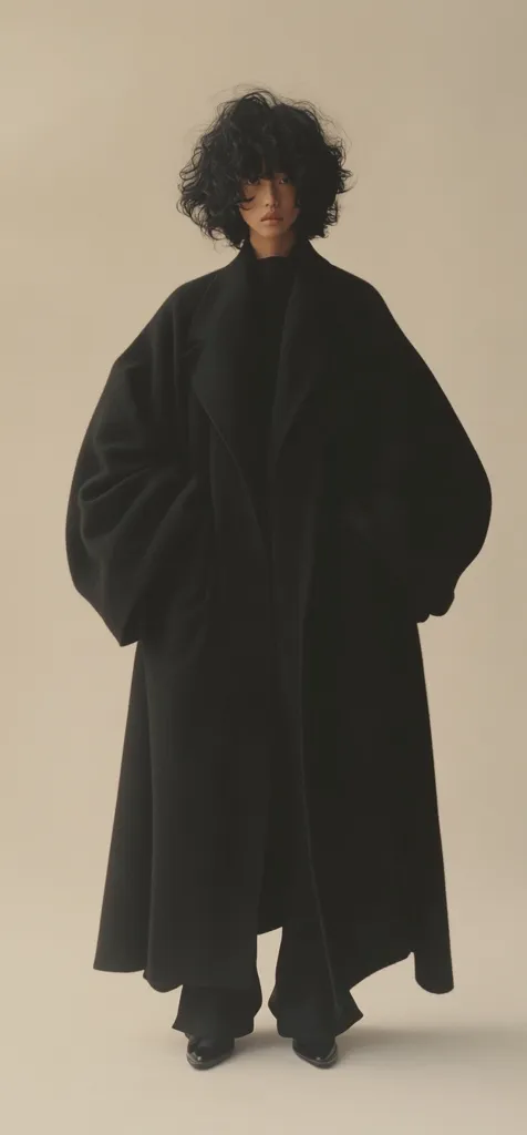 A model with short, curly dark hair wears a long, oversized black coat.  The coat has a relaxed fit with large, voluminous sleeves and a long, flowing hemline. The model also wears black pants and shoes, maintaining a monochromatic look. The backdrop is a neutral beige, emphasizing the stark simplicity of the outfit.
