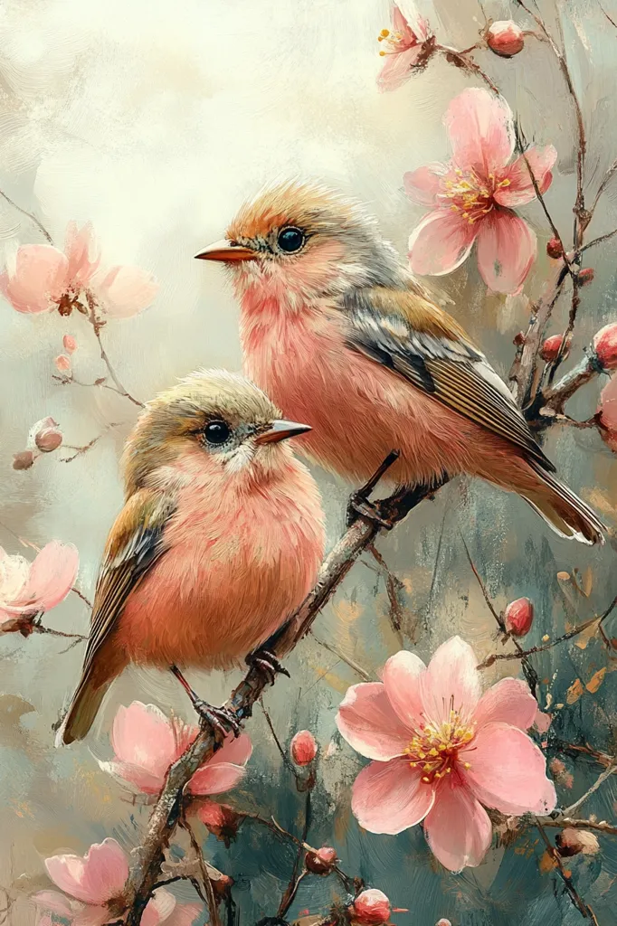 A painting depicts two pale pink birds perched on a blossoming branch.  The birds, with hints of brown and gray feathers, are nestled amongst delicate pink flowers, possibly cherry blossoms.  The style is impressionistic, with soft brushstrokes creating a dreamy, romantic atmosphere.  The background is a muted, hazy teal and beige.