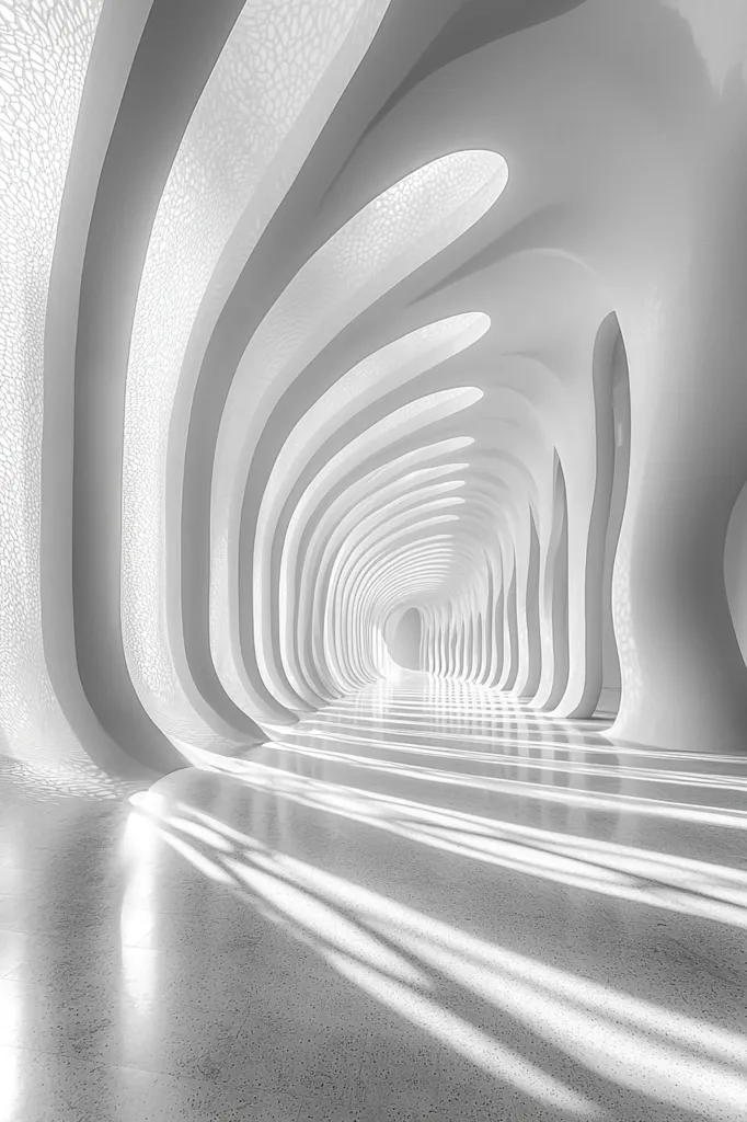 A long, curved corridor with white walls and ceilings features repeating arched patterns.  Light streams through patterned openings in the ceiling, casting shadows on the polished floor. The perspective creates a sense of depth and endlessness, emphasizing the clean, minimalist design. The overall aesthetic is modern and futuristic.