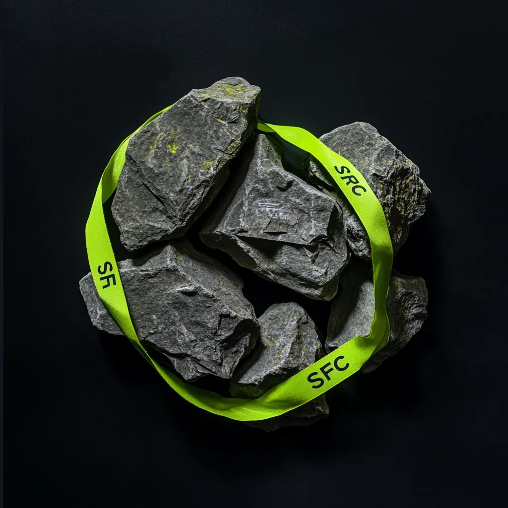 A pile of dark gray rocks, possibly slate, are encircled by a bright lime green ribbon.  The ribbon has the letters "SFC" printed on it twice, and "SF" once, suggesting a label or identifier. The rocks appear rough-hewn and uneven in size and shape, with subtle hints of yellowish-green mineral deposits visible on some surfaces. The contrast between the dark rocks and the vibrant ribbon makes for a striking image against the black background.