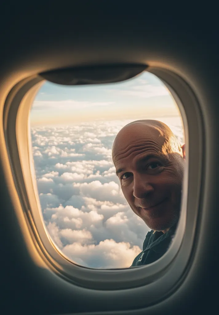 A bald man playfully peers from an airplane window, his face partially obscuring the breathtaking view of a vast expanse of fluffy white clouds bathed in the warm glow of the setting sun.  The image captures a moment of airborne travel, emphasizing the contrast between the confined space of the aircraft and the boundless beauty of the sky above.
